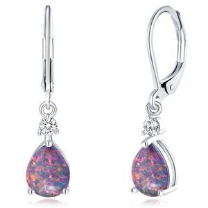 14K White Gold with Genuine Black Fire Opal and CZ Teardrop Leverback Earrings